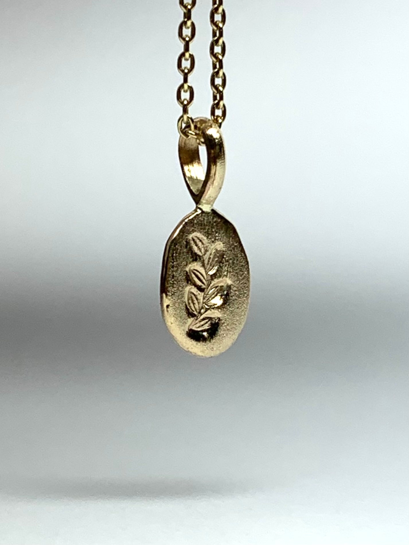 14k Solid Yellow Gold Nugget “Olive Branch”, Mini Pendant, Tiny Charm, Brushed Satin Finish