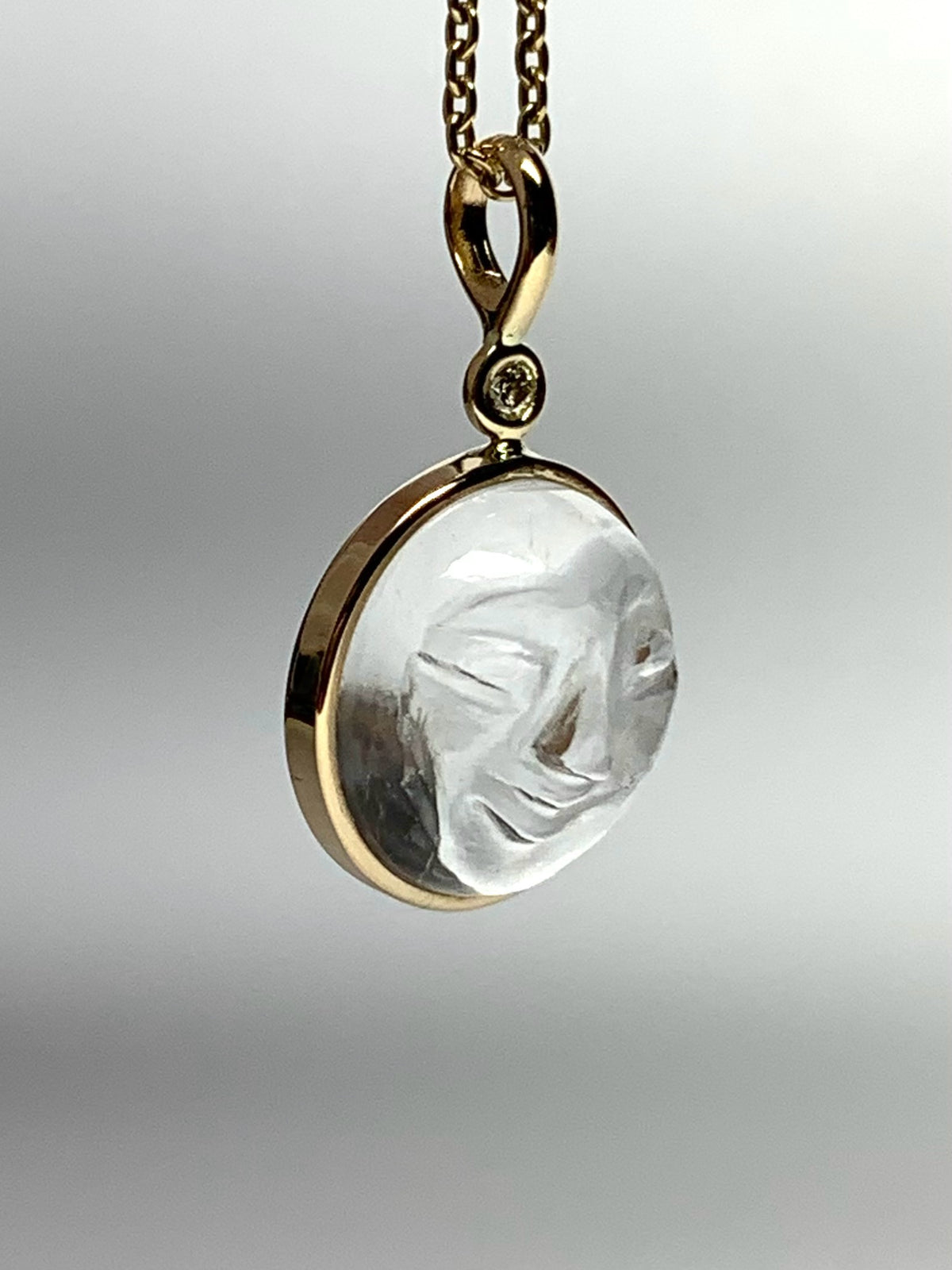 14k Solid Yellow Gold, Clear Quartz, White Diamond “Moon and Star” Pendant, Carved Face, Small Size