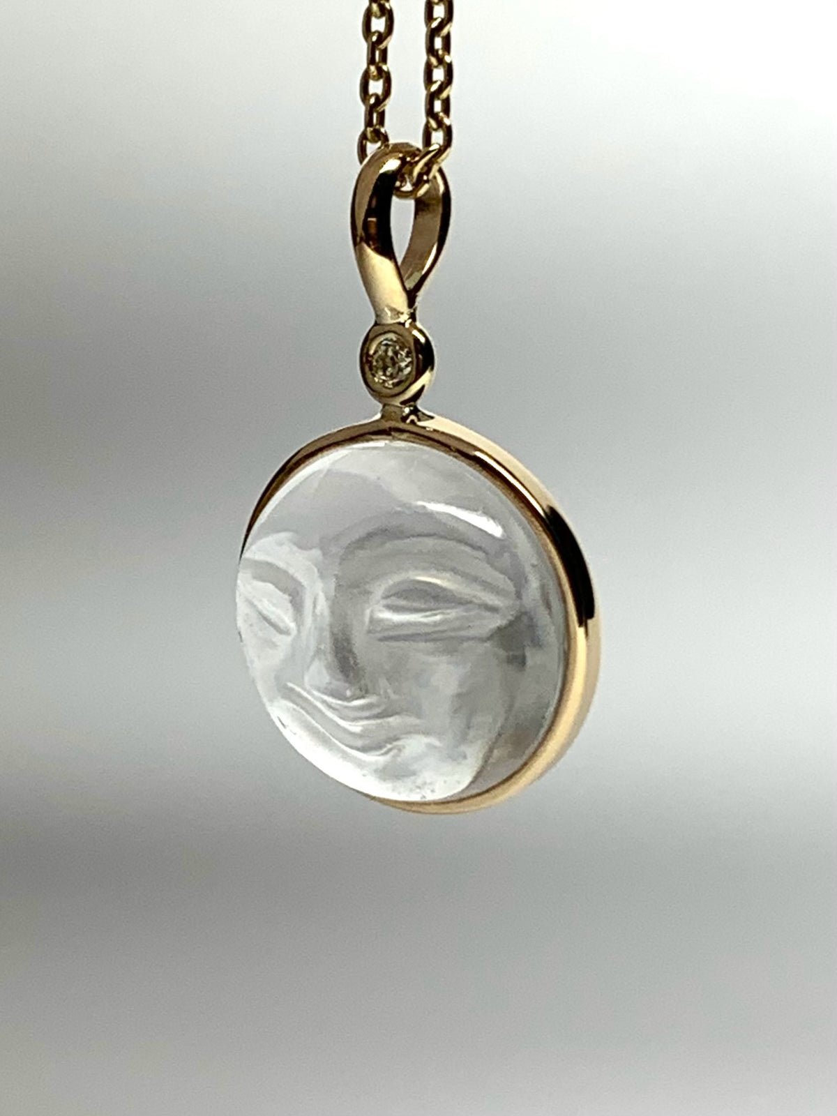 14k Solid Yellow Gold, Clear Quartz, White Diamond “Moon and Star” Pendant, Carved Face, Small Size