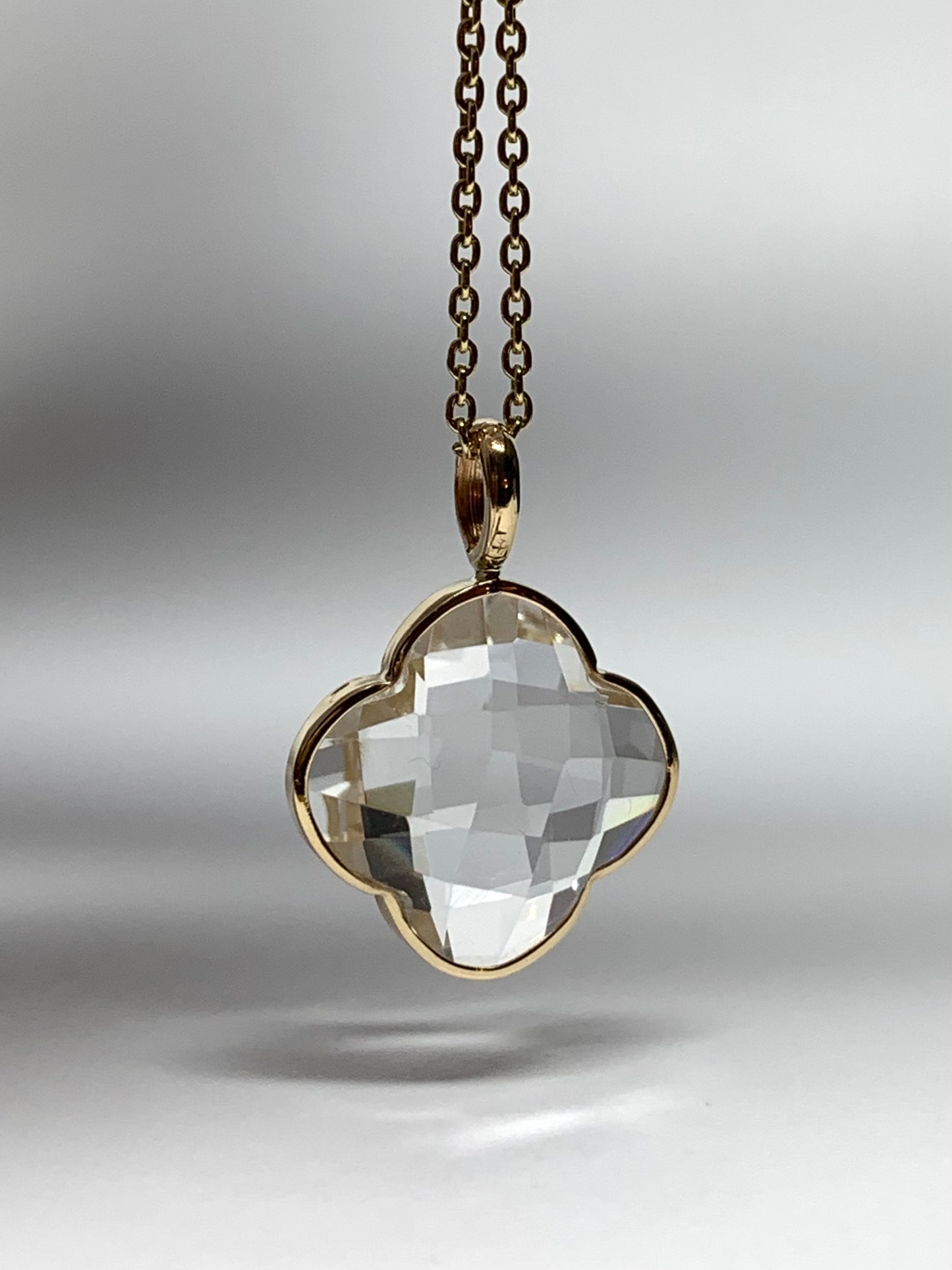 14k Solid Yellow Gold, Clear Quartz Pendant “Clover”