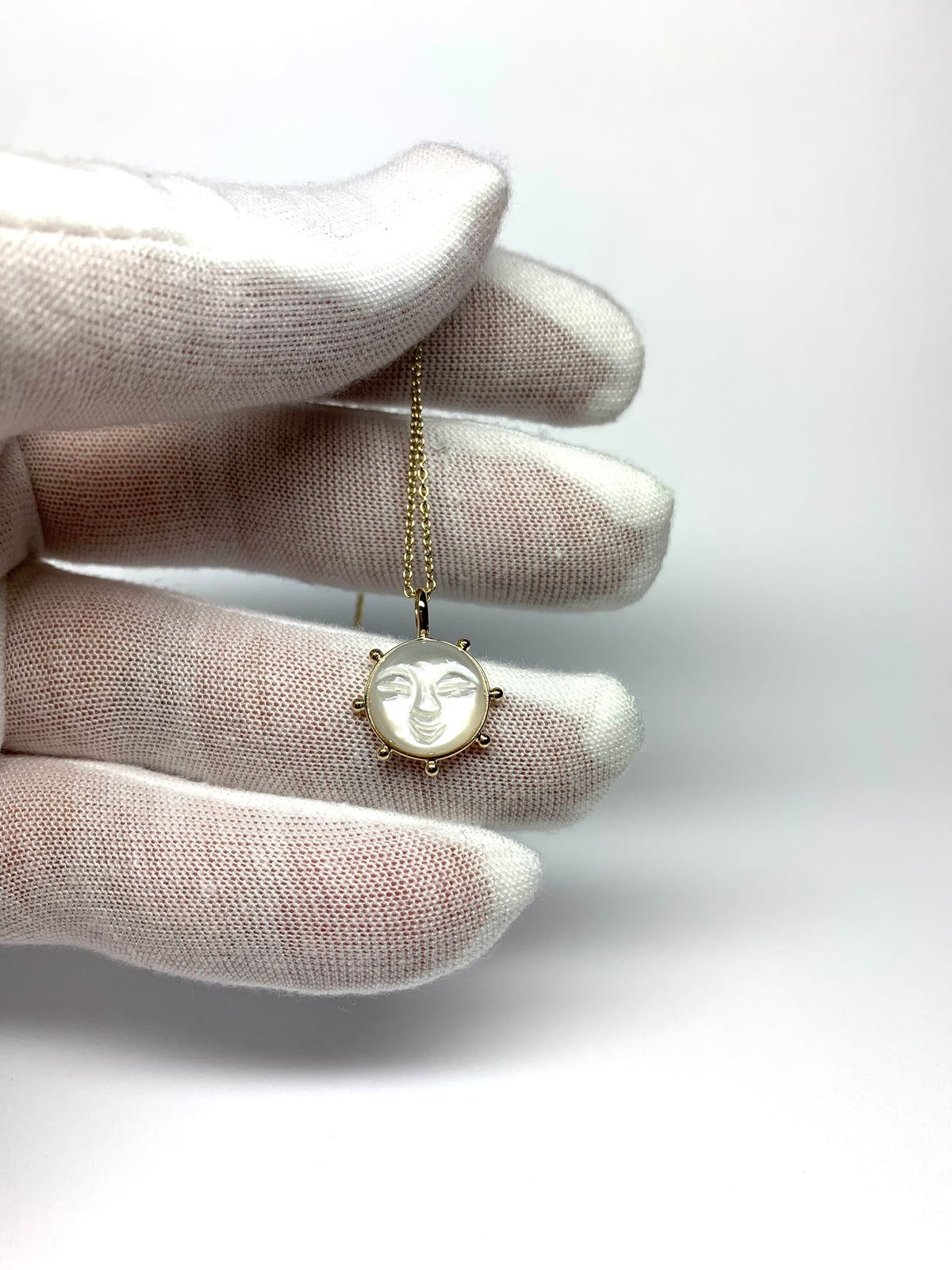 14k Solid Yellow Gold, White Moonstone “Sun” Pendant, Small Size