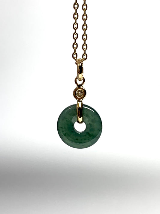 14k Solid Yellow Gold, White Diamond, Pale Green Jade “Donut” Pendant, Tiny Size