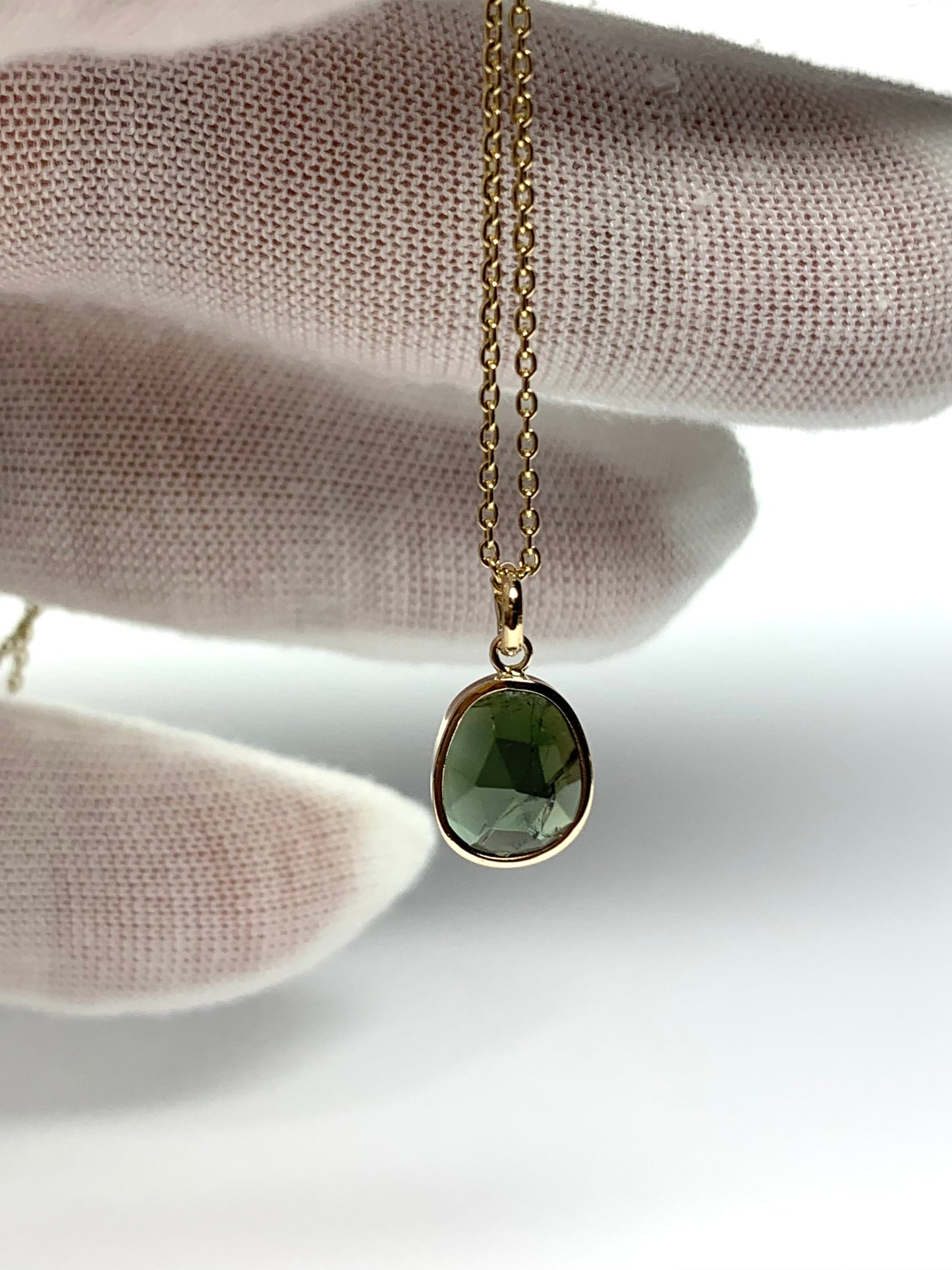 14k Solid Yellow Gold, Natural Dark Green Tourmaline Mini Pendant