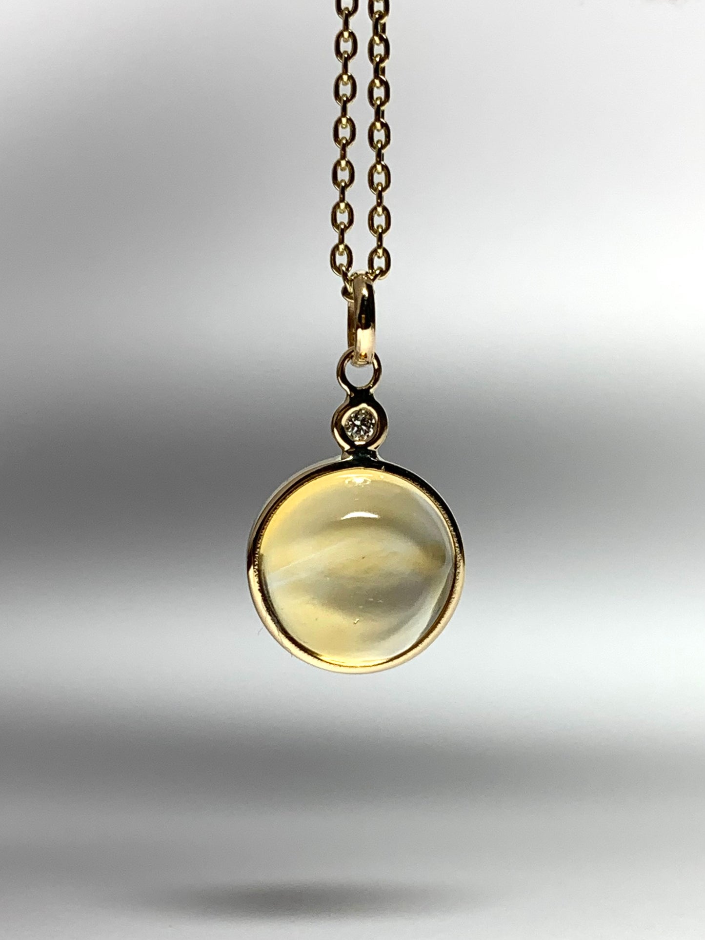 14k Solid Yellow Gold, White Diamond, Yellow Citrine Cabochon Mini Pendant
