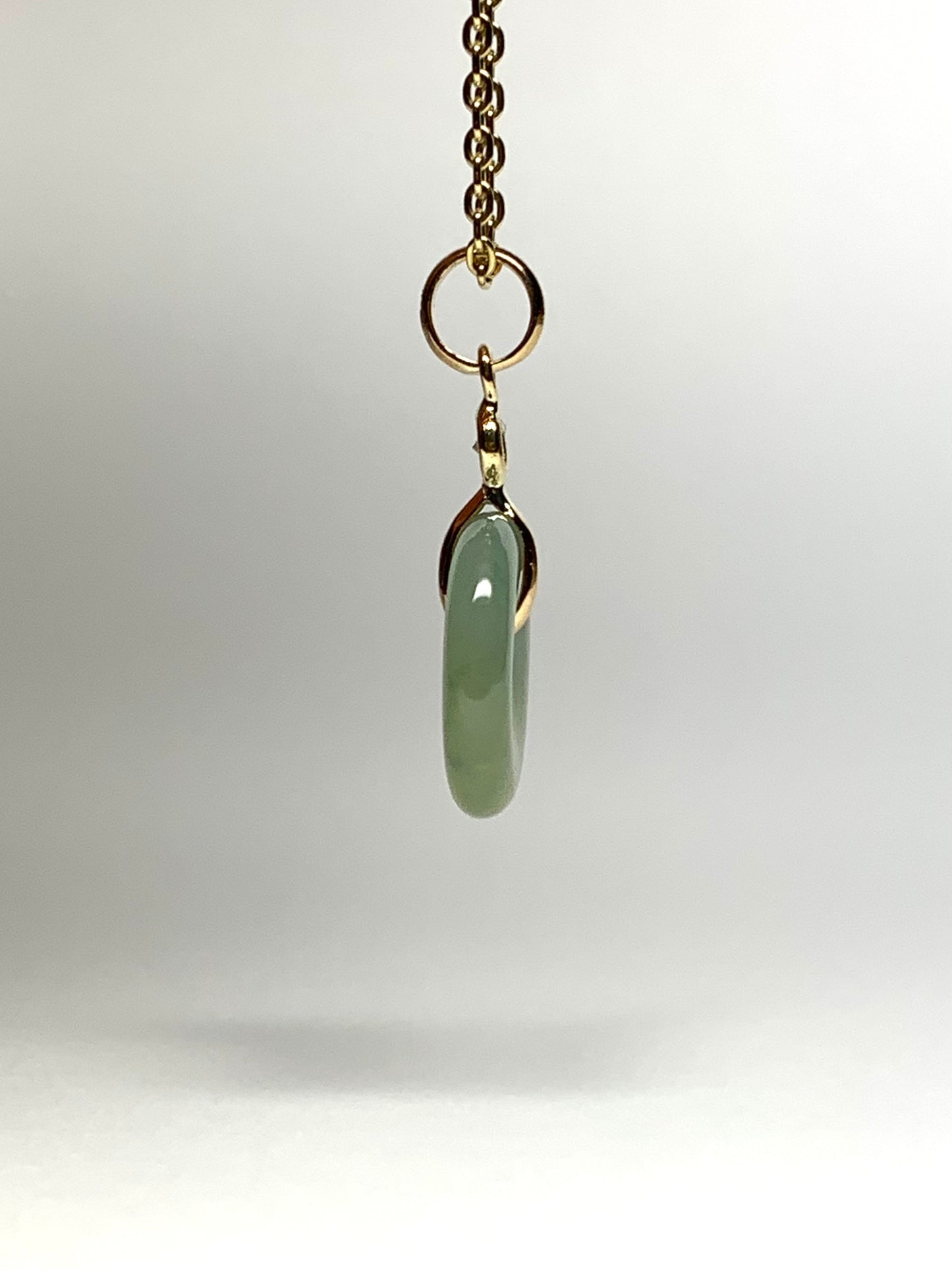 14k Solid Yellow Gold, White Diamond, Pale Green Jade “Donut” Pendant, Tiny Size