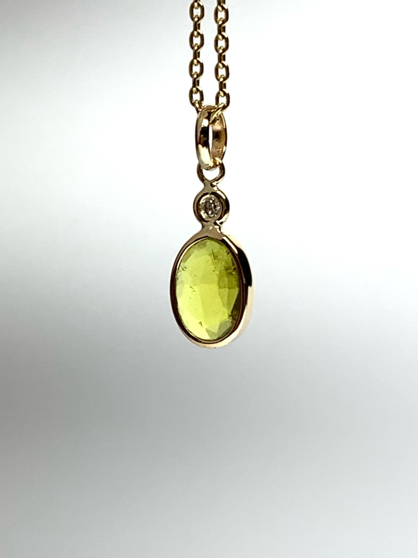 14k Solid Yellow Gold, Natural White Diamond, Natural Olive Green Tourmaline Tiny Pendant