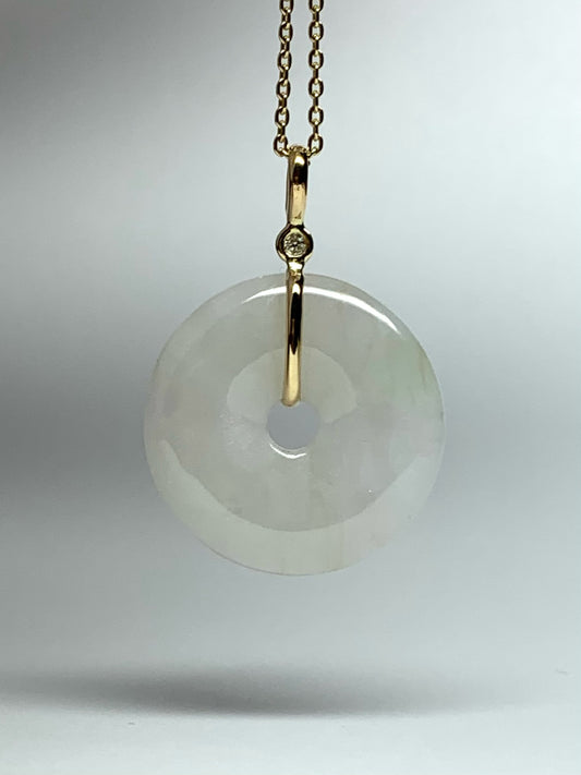 14k Solid Yellow Gold, Very Pale White Green Jade “Donut”, White Diamond Pendant