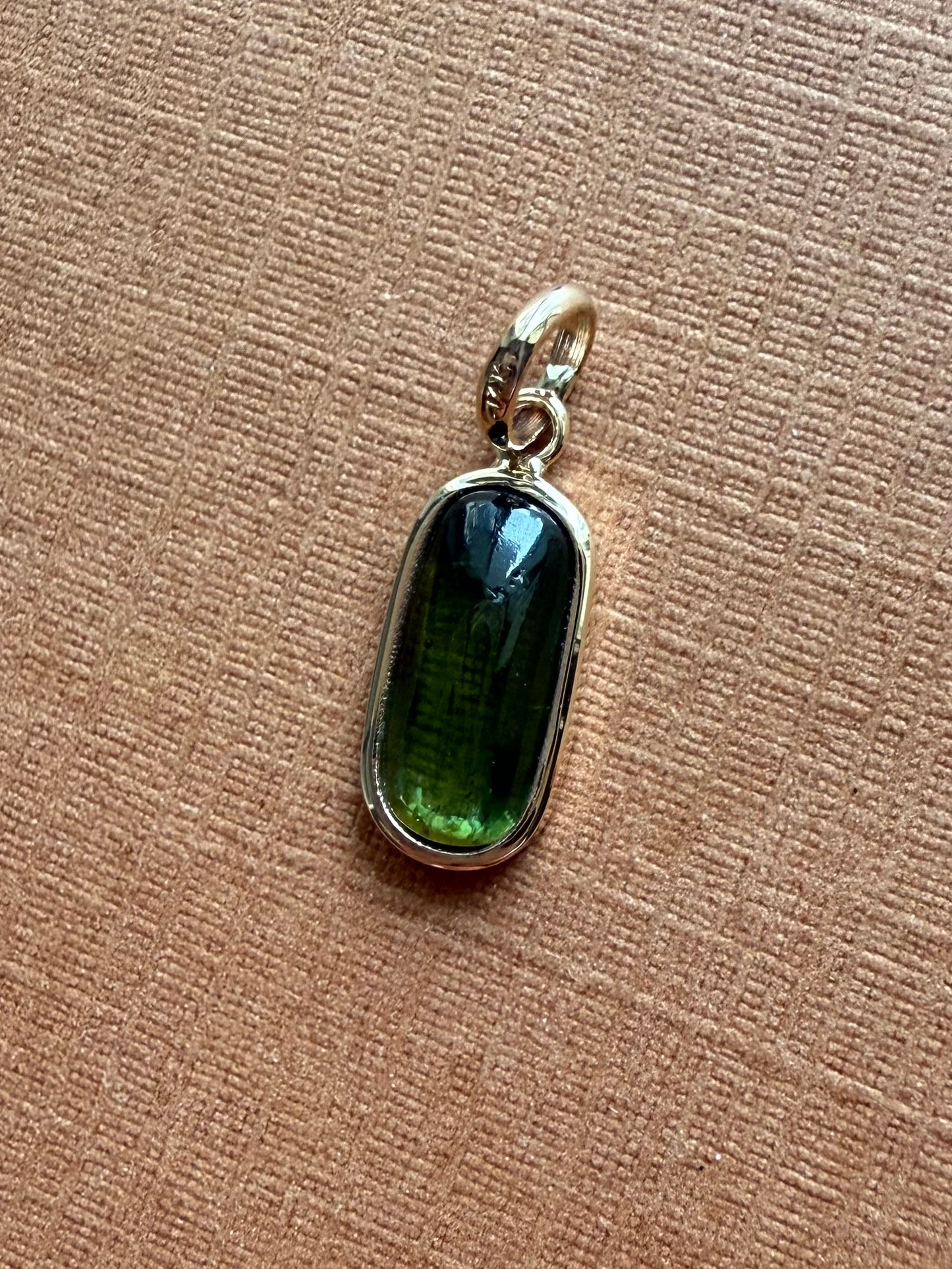 14k Solid Yellow Gold, Natural Green Tourmaline Cabochon Tiny Pendant