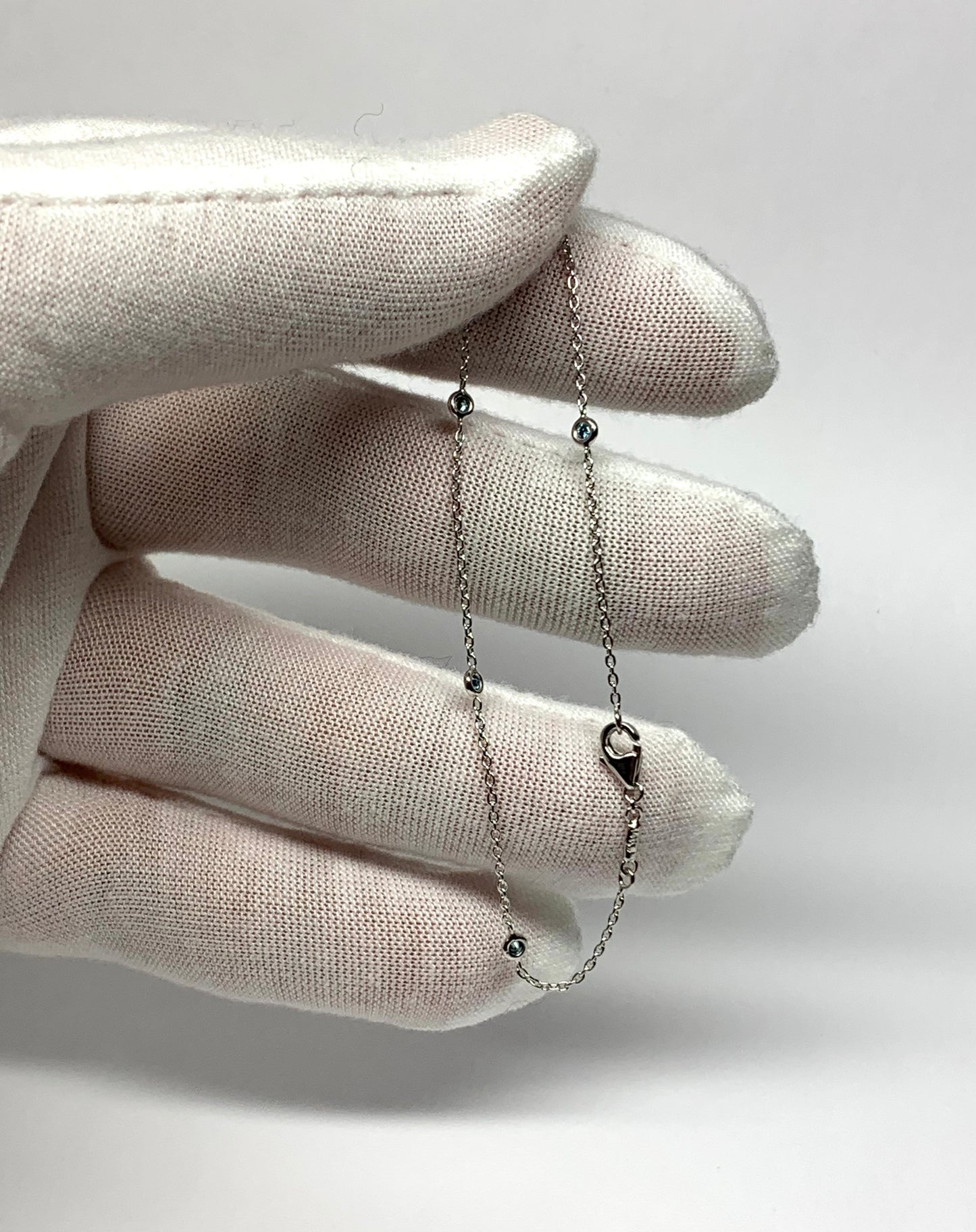 14k Solid White Gold, Genuine Blue Diamonds Station Bracelet