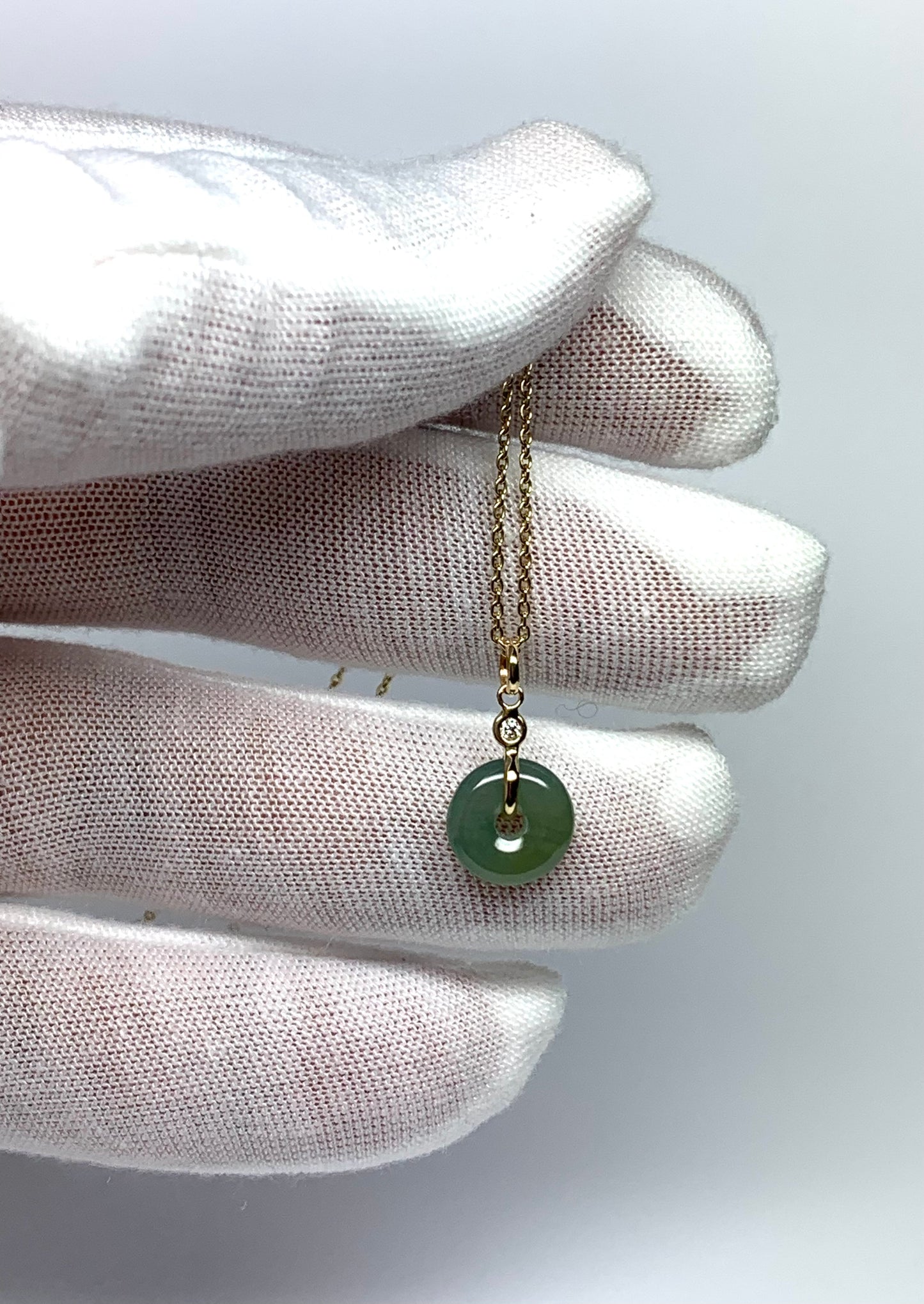 14k Solid Yellow Gold, White Diamond, Pale Green Jade “Donut” Pendant, Tiny Size