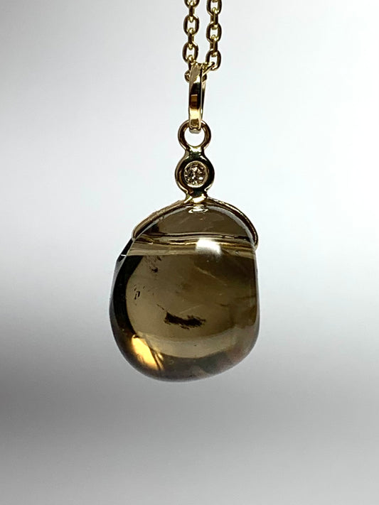 14k Solid Yellow Gold, Diamond, Dark Smoky Quartz Tumbled Nugget Bead Pendant, Mini Size