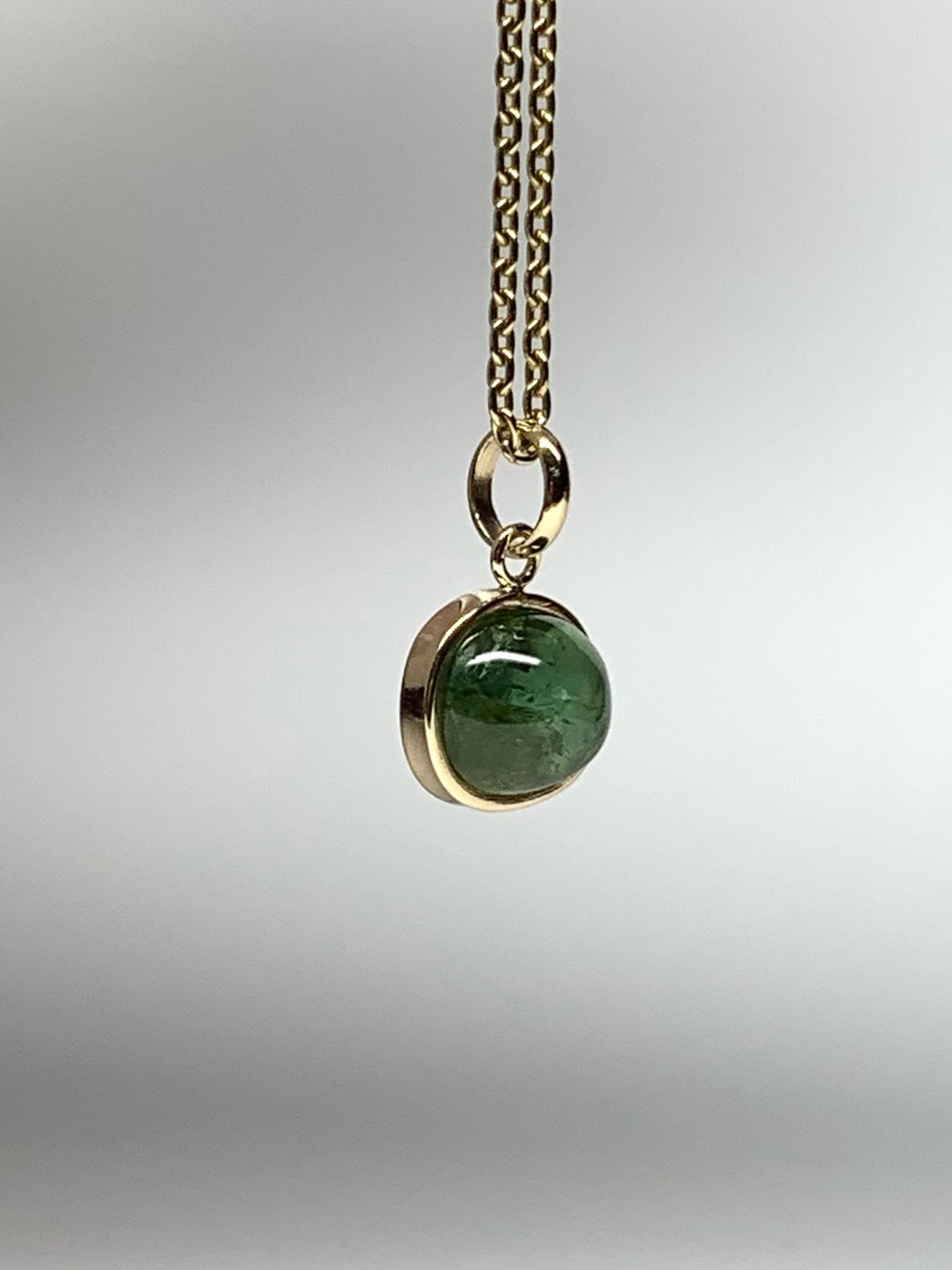 14k Solid Yellow Gold, Natural Green Tourmaline Cabochon Tiny Pendant