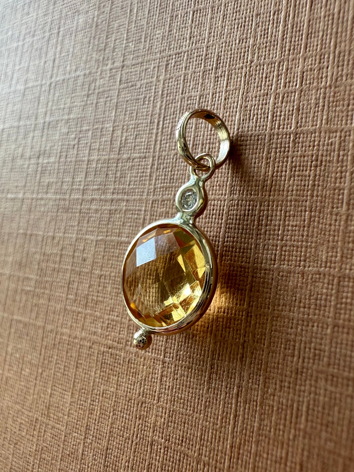 14K Solid Yellow Gold, Diamond, Citrine Mini Pendant