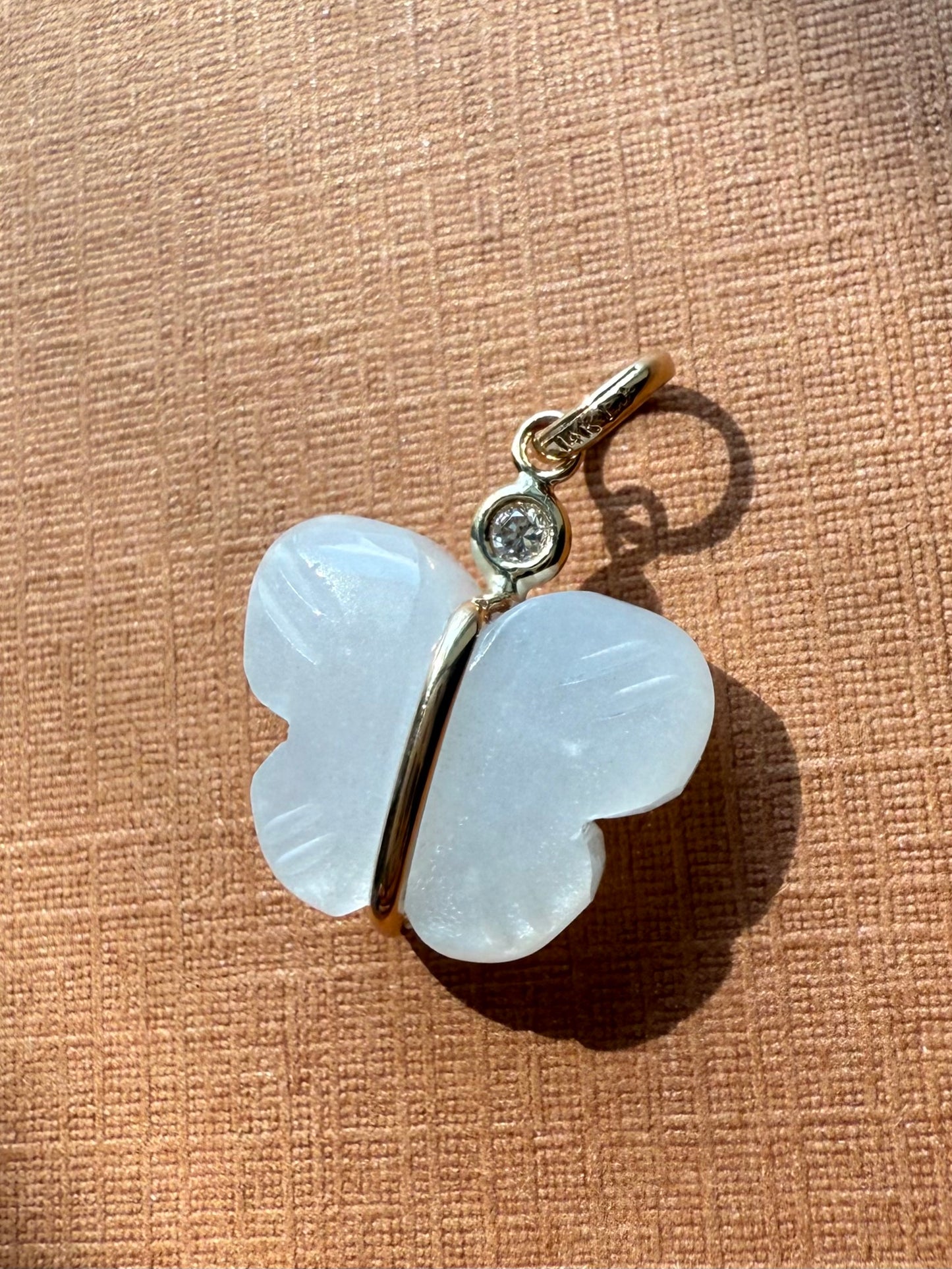 14k Solid Yellow Gold, Diamond, White Moonstone “Butterfly” Mini Pendant, Hand Carved