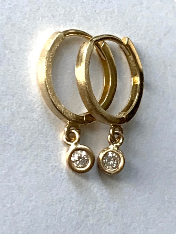 14k Solid Yellow Gold Natural White Diamonds Hoop Earrings, Mini Size