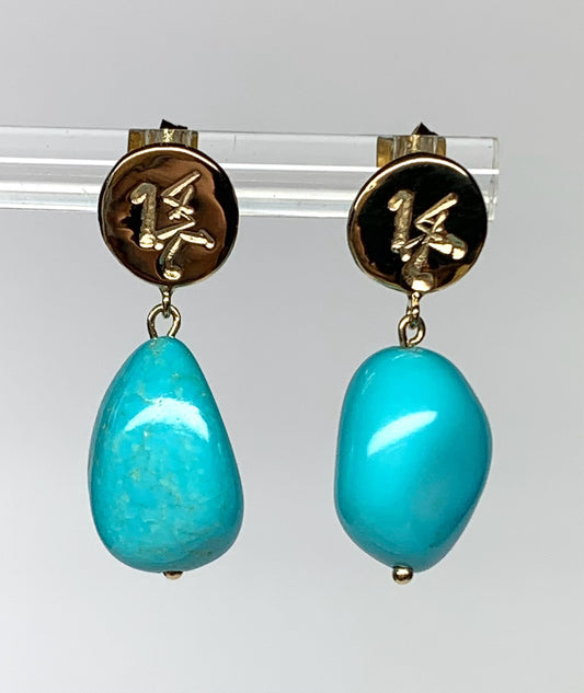 14k Solid Yellow Gold Nuggets, Natural Sleeping Beauty Turquoise Drop Earrings
