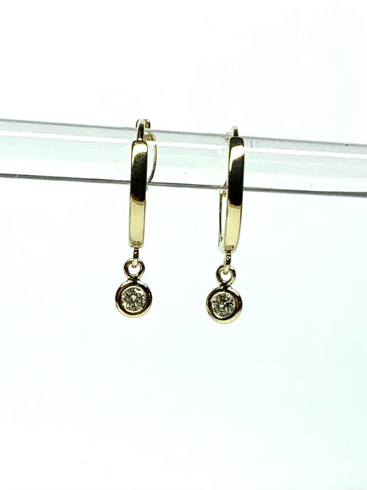 14k Solid Yellow Gold Natural White Diamonds Hoop Earrings, Mini Size