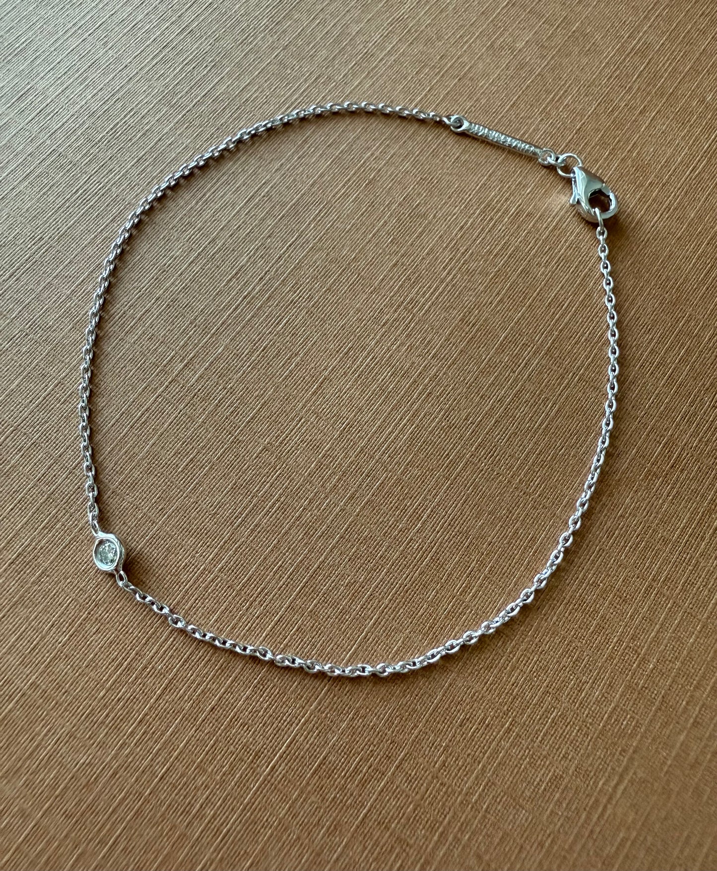 14K Solid White Gold, White Diamond Single Stone Chain Bracelet