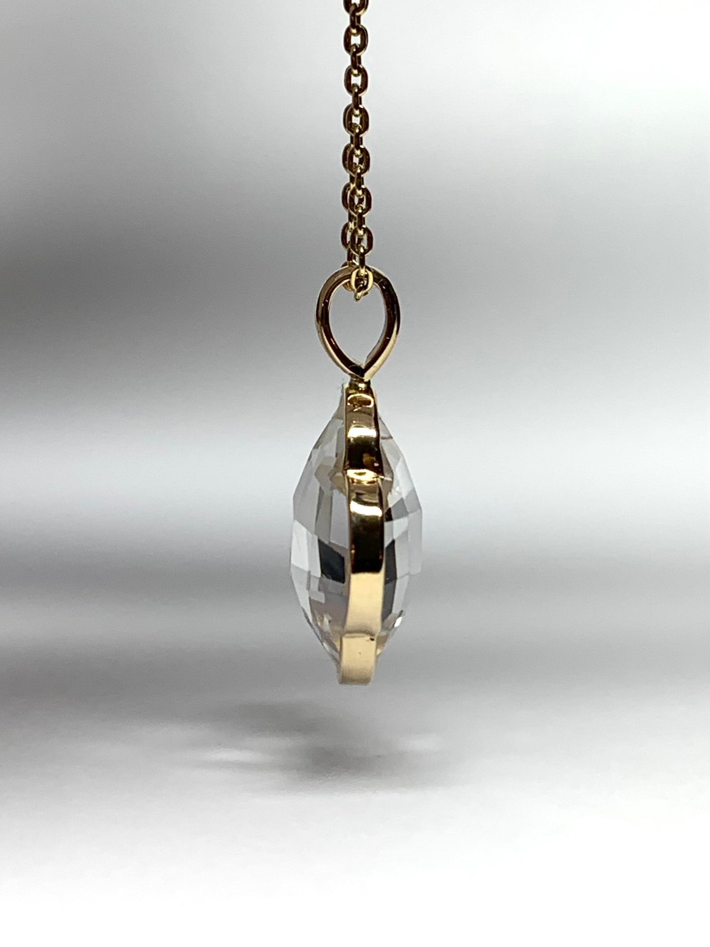 14k Solid Yellow Gold, Clear Quartz Pendant “Clover”