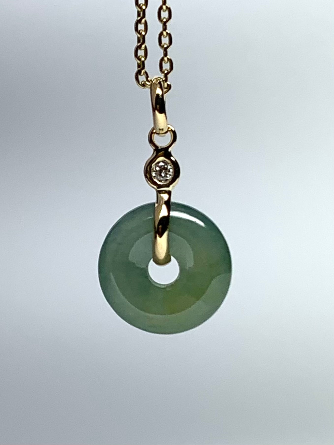 14k Solid Yellow Gold, White Diamond, Pale Green Jade “Donut” Pendant, Tiny Size