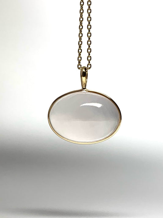14k Solid Yellow Gold, Rose Pink Quartz Oval Cabochon Pendant, Small Size