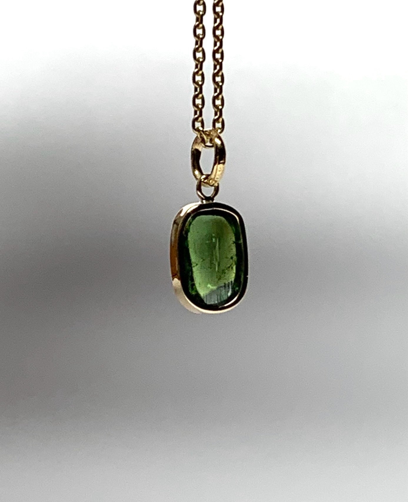 14k Solid Yellow Gold, Natural Green Tourmaline Cabochon Tiny Pendant