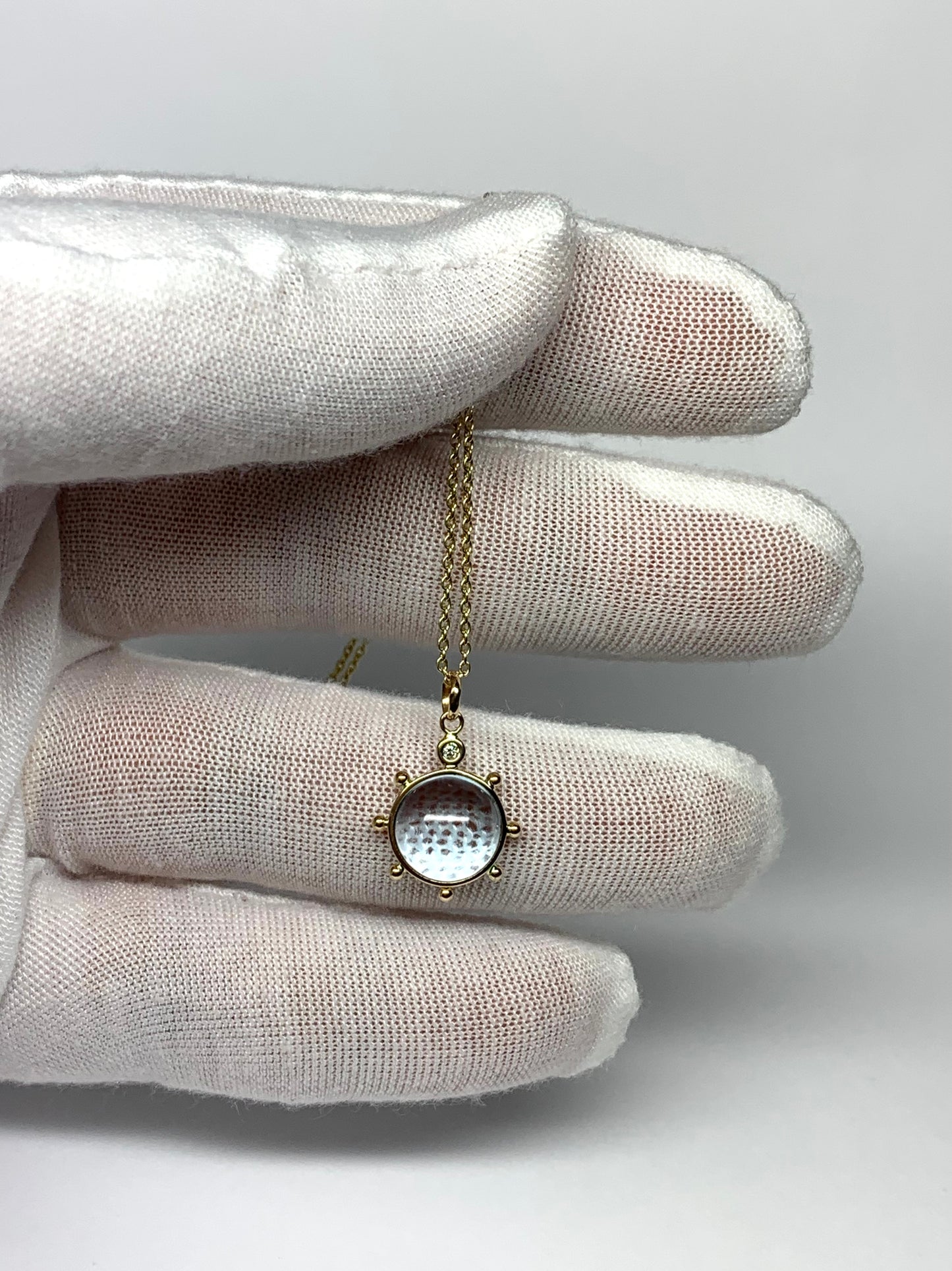 14k Solid Yellow Gold, Blue Topaz, Diamond “Sun” Pendant, Mini Size