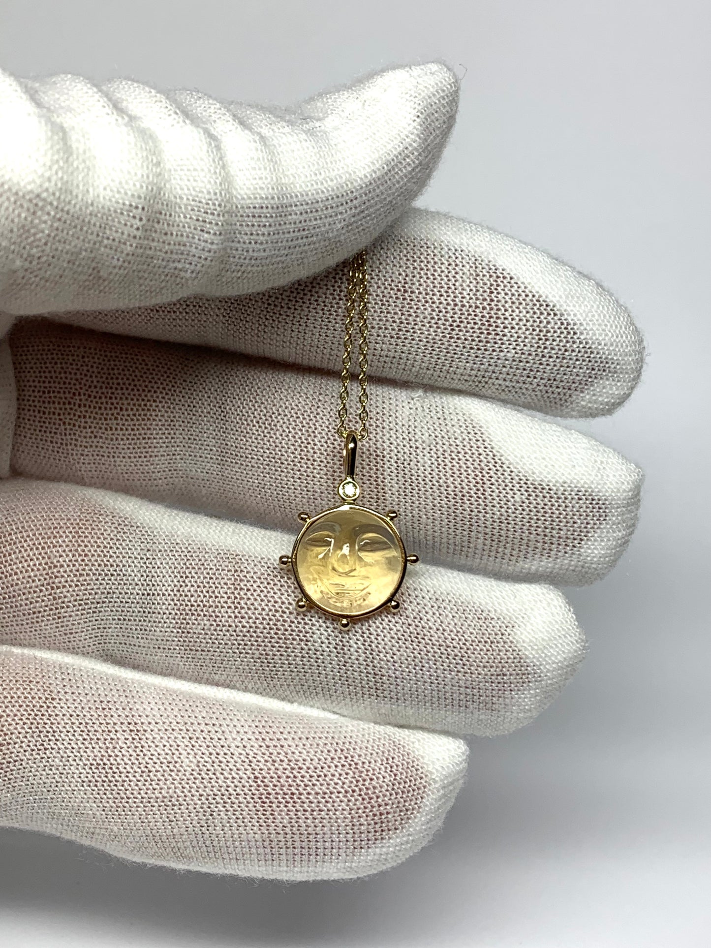 14k Solid Yellow Gold, White Diamond, Yellow Citrine “Sun” Pendant, Small Size