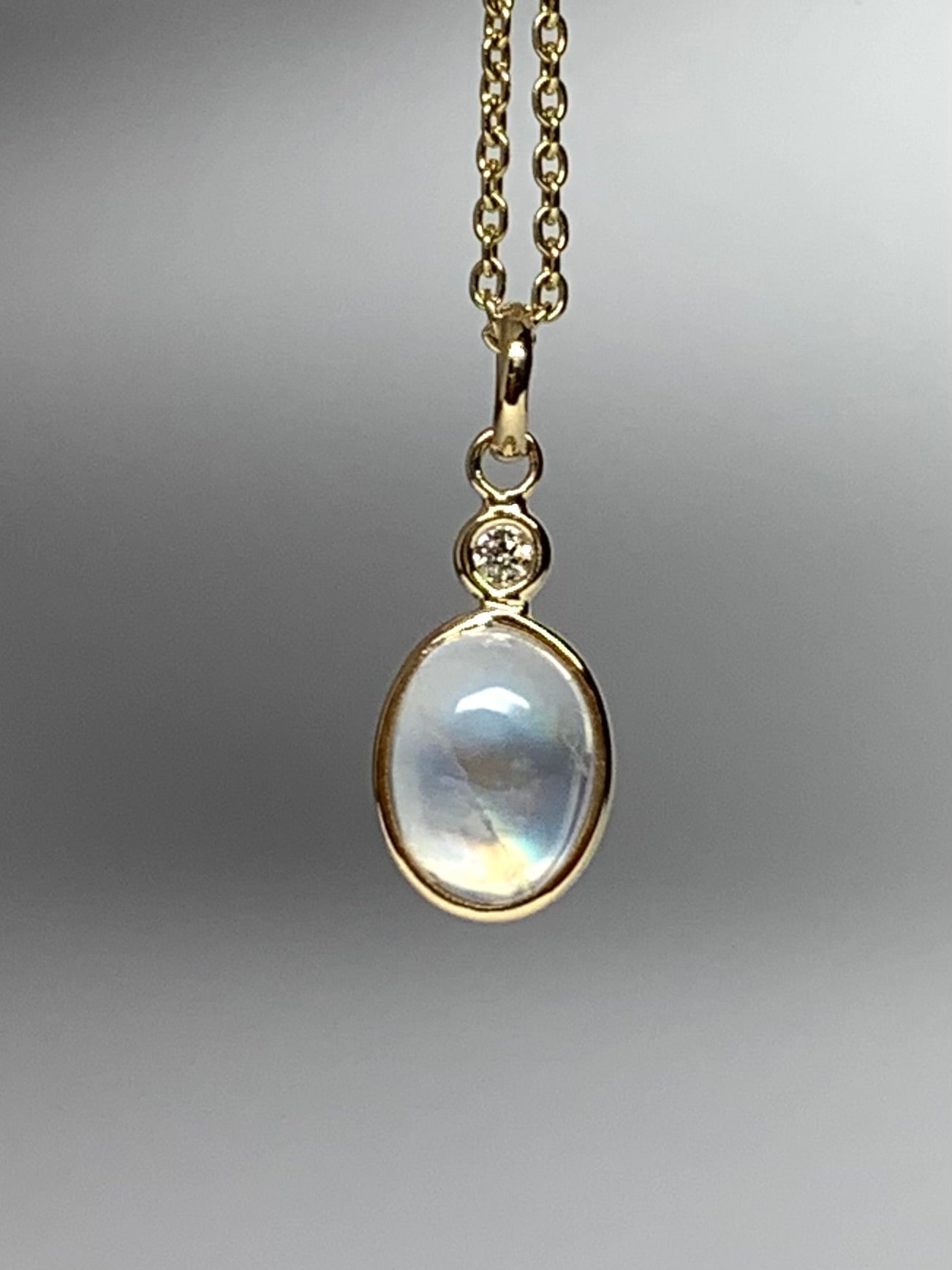 Tiny 14k Solid Yellow Gold, Diamond, Oval Blue Rainbow Moonstone Mini Pendant
