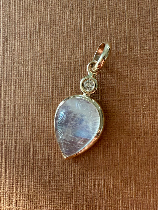 14k Solid Yellow Gold, Diamond, Pear Shaped Blue Rainbow Moonstone Mini Pendant