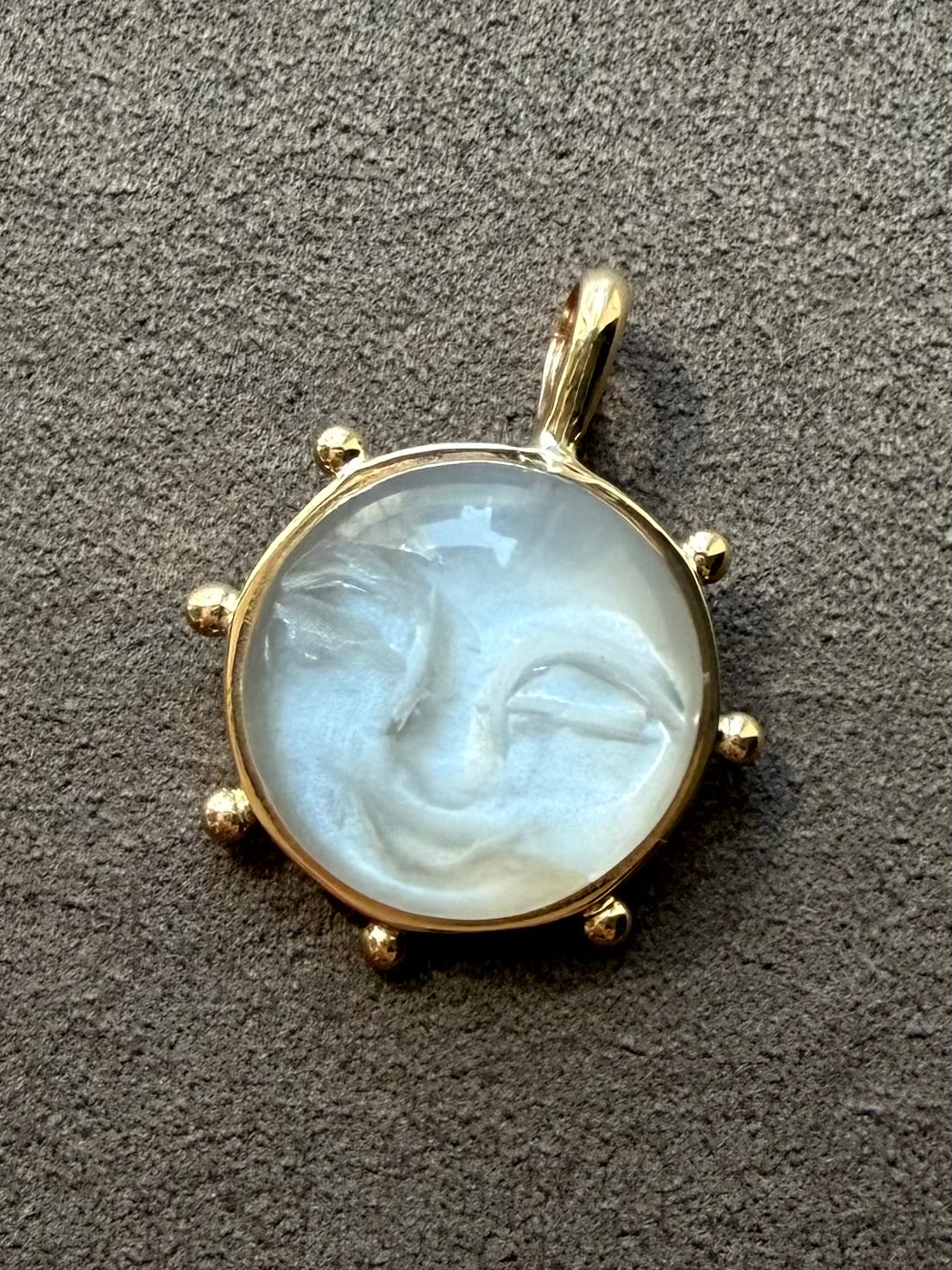 14k Solid Yellow Gold, White Moonstone “Sun” Pendant, Small Size
