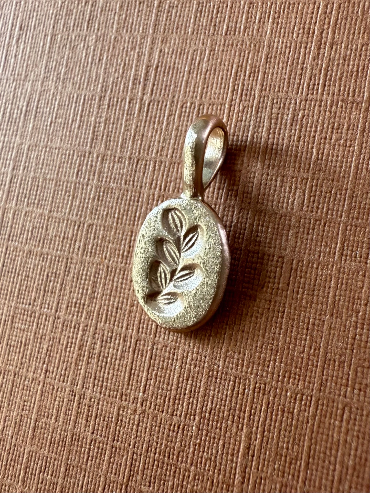14k Solid Yellow Gold Nugget “Olive Branch”, Mini Pendant, Tiny Charm, Brushed Satin Finish