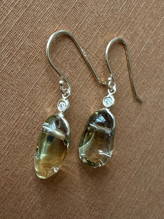 14k Solid Yellow Gold, Diamonds, Lemon Quartz Tumbled Nugget Beads Earrings, Mini Size