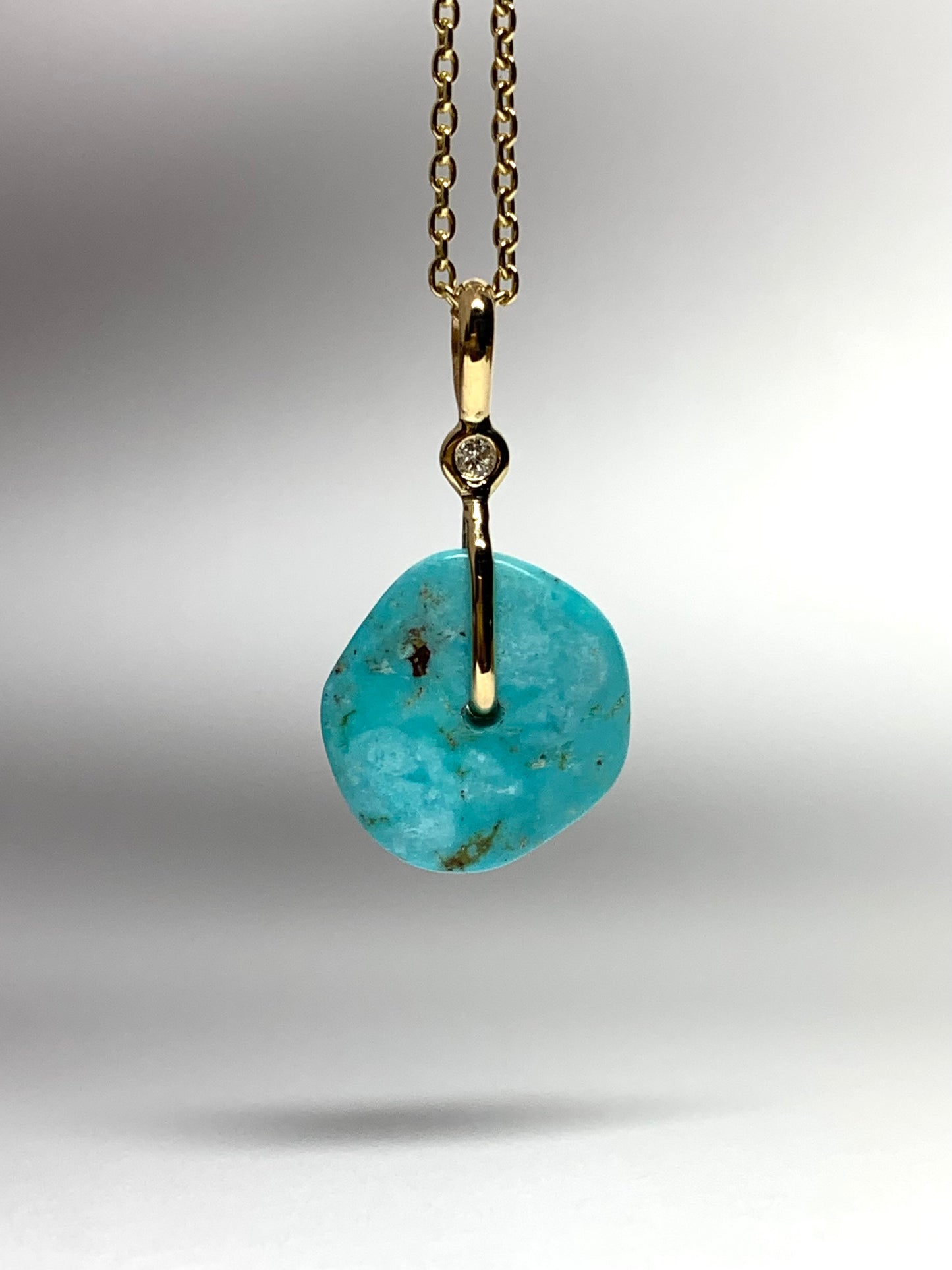 14K Solid Yellow Gold, White Diamond, Blue Turquoise “Donut” Mini Pendant