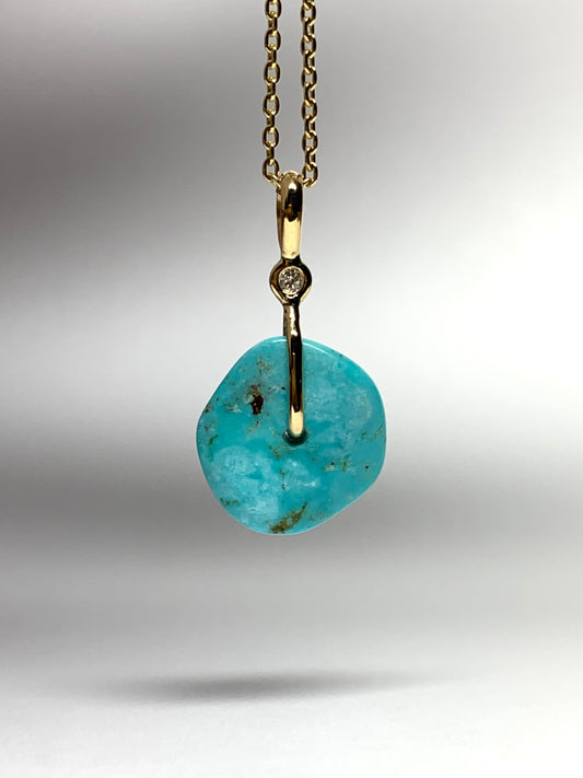 14K Solid Yellow Gold, White Diamond, Blue Turquoise “Donut” Mini Pendant