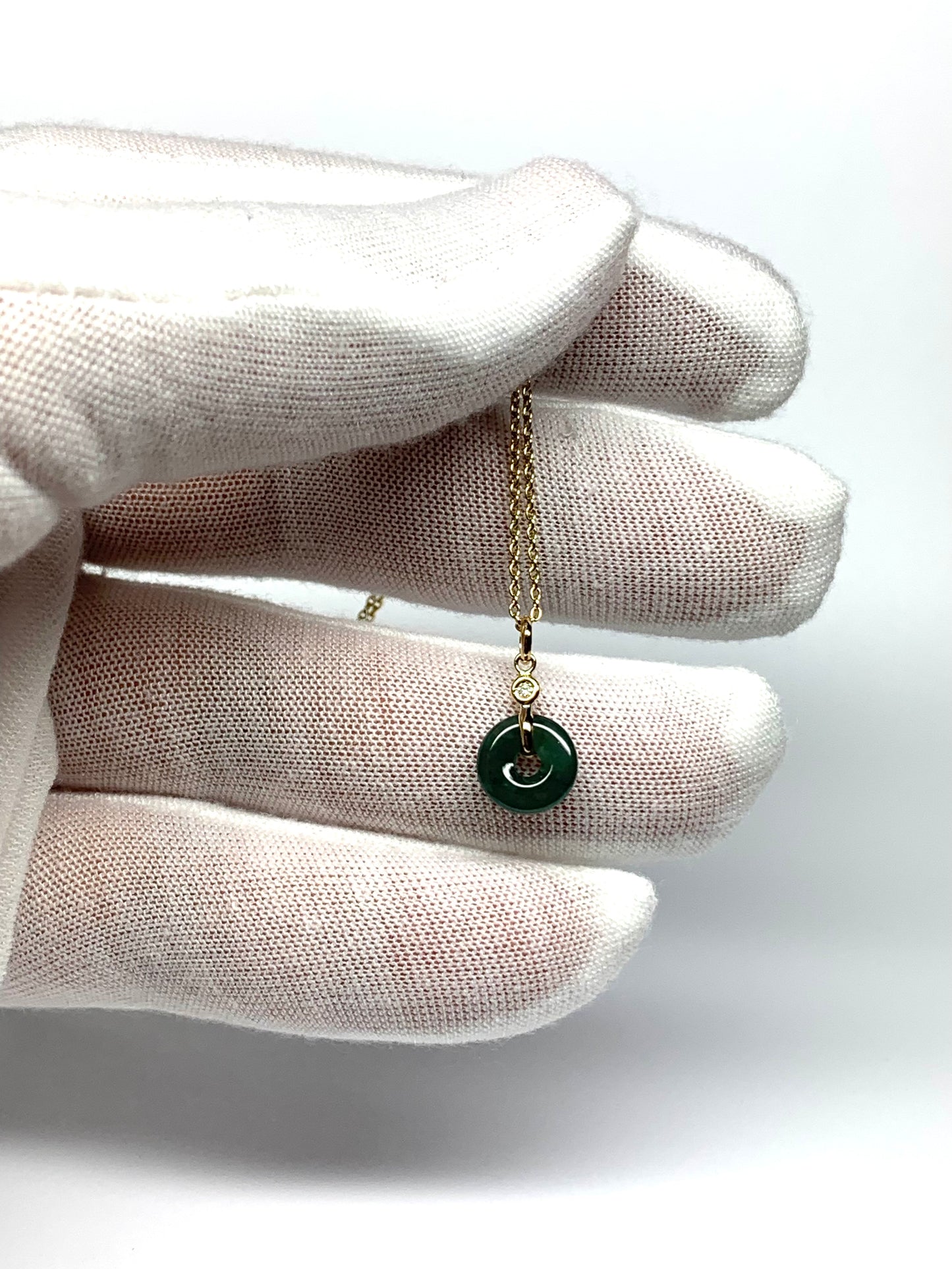 14k Solid Yellow Gold, White Diamond, Pale Green Jade “Donut” Pendant, Tiny Size