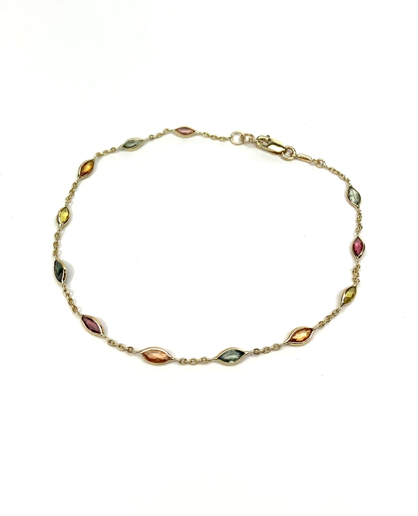 14k Solid Yellow Gold Bracelet, Multi Color Sapphire Marquis Gemstones