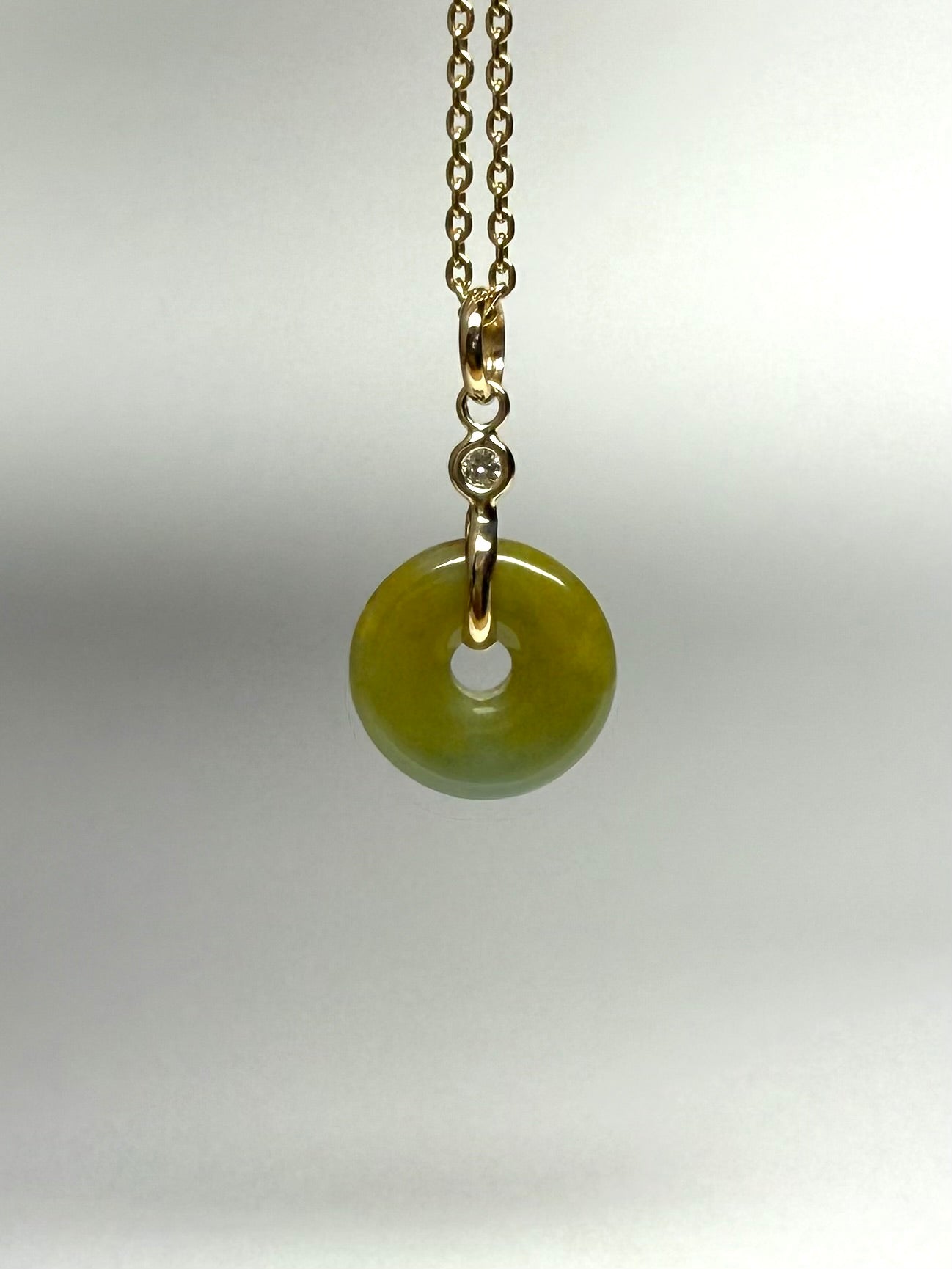 14k Solid Yellow Gold, White Diamond, Pale Green Jade “Donut” Pendant, Tiny Size