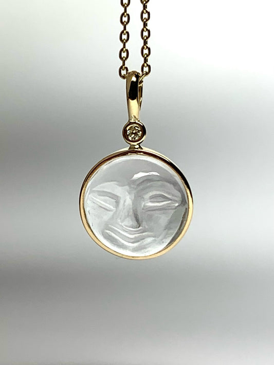 14k Solid Yellow Gold, Clear Quartz, White Diamond “Moon and Star” Pendant, Carved Face, Small Size