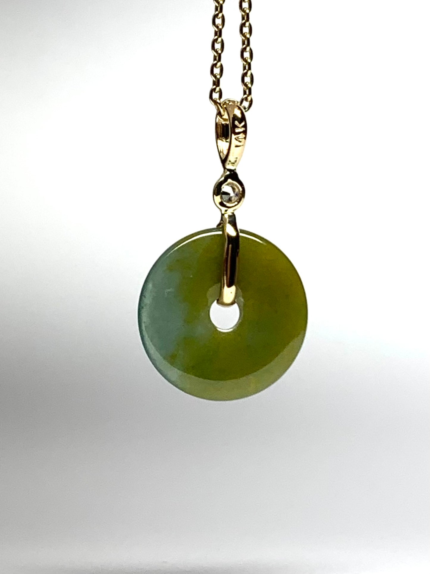 14k Solid Yellow Gold, White Diamond, Green Jade “Donut” Pendant, Small Size