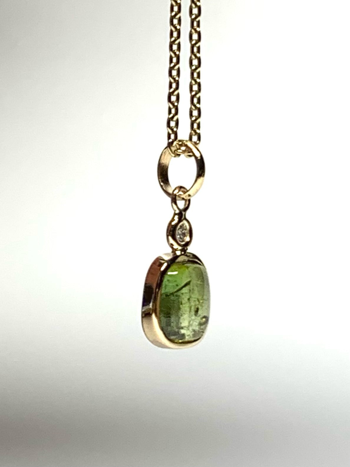 14k Solid Yellow Gold, Natural White Diamond, Natural Dark Green Tourmaline Tiny Pendant