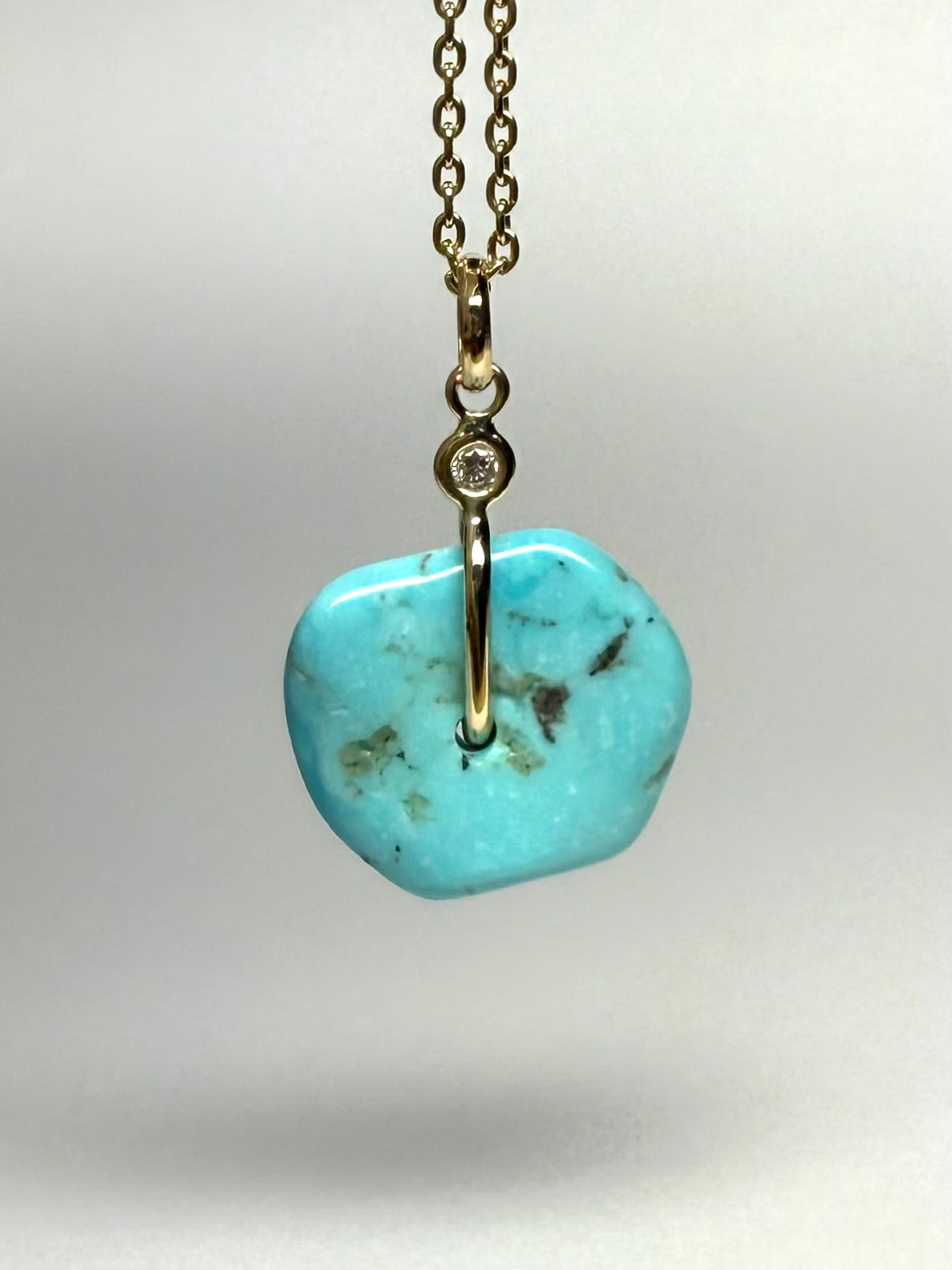 14K Solid Yellow Gold, White Diamond, Blue Turquoise “Donut” Mini Pendant