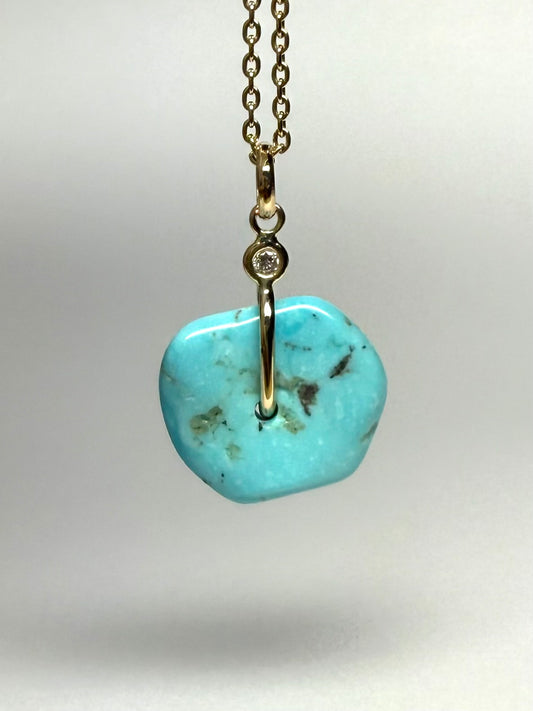 14K Solid Yellow Gold, White Diamond, Blue Turquoise “Donut” Mini Pendant