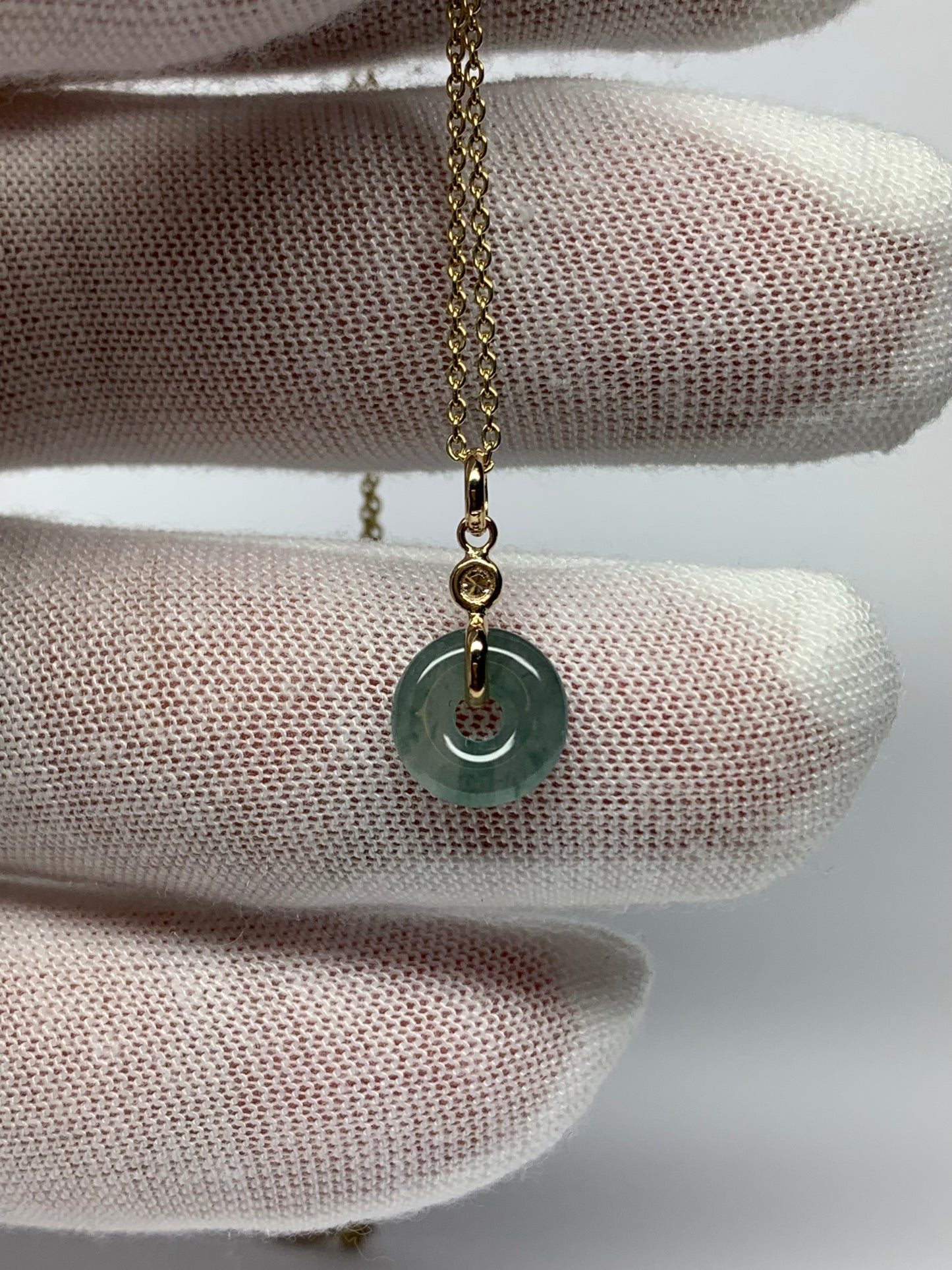14k Solid Yellow Gold, White Diamond, Pale Green Jade “Donut” Pendant, Tiny Size