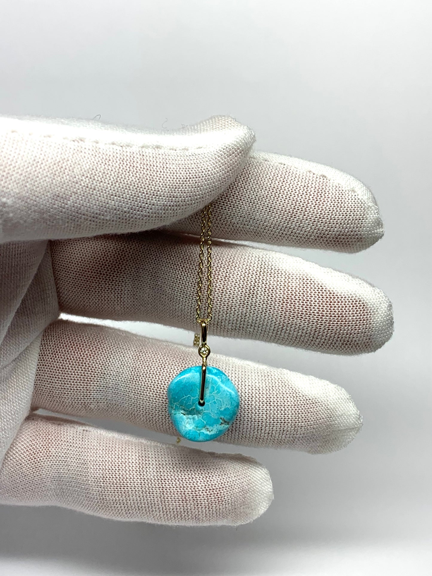 14K Solid Yellow Gold, White Diamond, Blue Turquoise “Donut” Pendant
