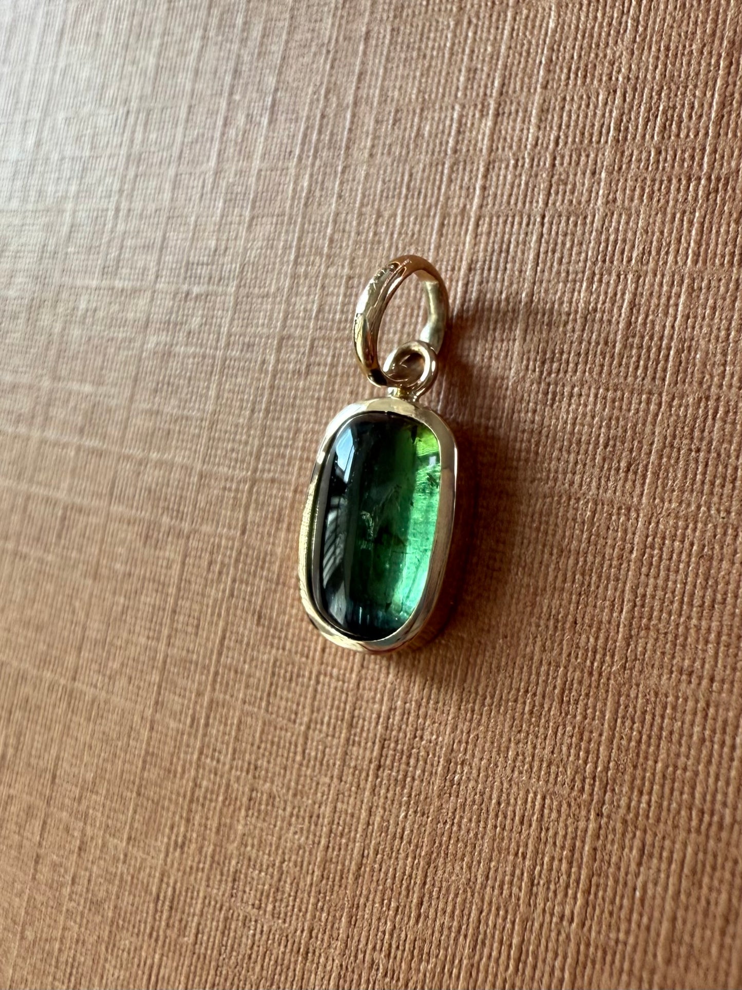 14k Solid Yellow Gold, Natural Green Tourmaline Cabochon Tiny Pendant