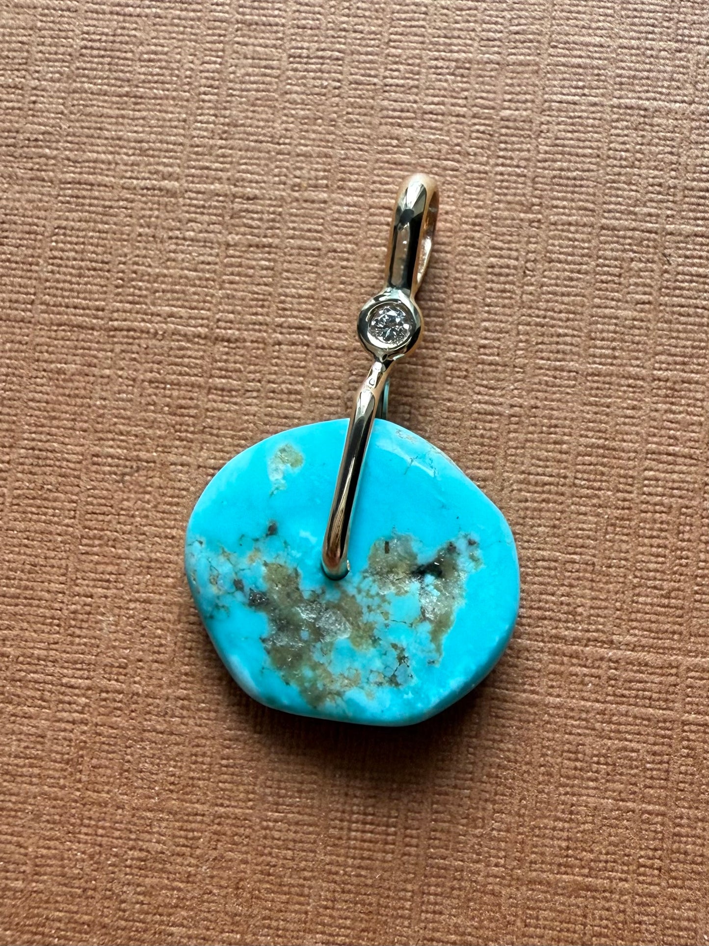 14K Solid Yellow Gold, White Diamond, Blue Turquoise “Donut” Mini Pendant