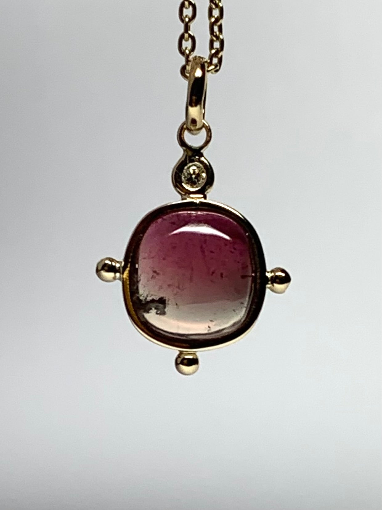 14k Solid Yellow Gold, Natural White Diamond, Natural Pink Tourmaline Mini Pendant