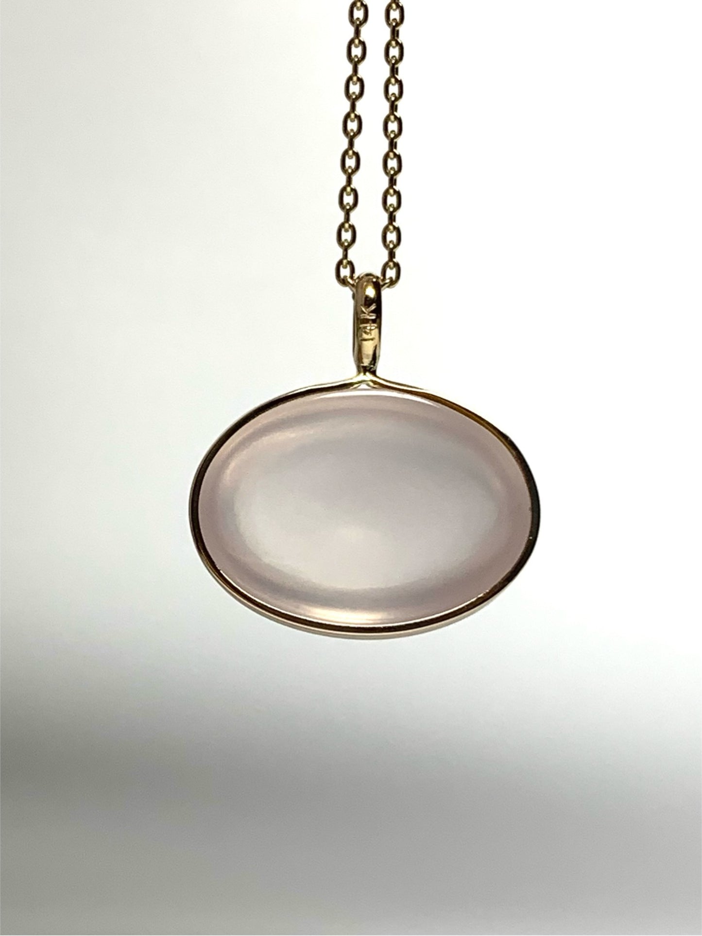 14k Solid Yellow Gold, Rose Pink Quartz Oval Cabochon Pendant, Small Size