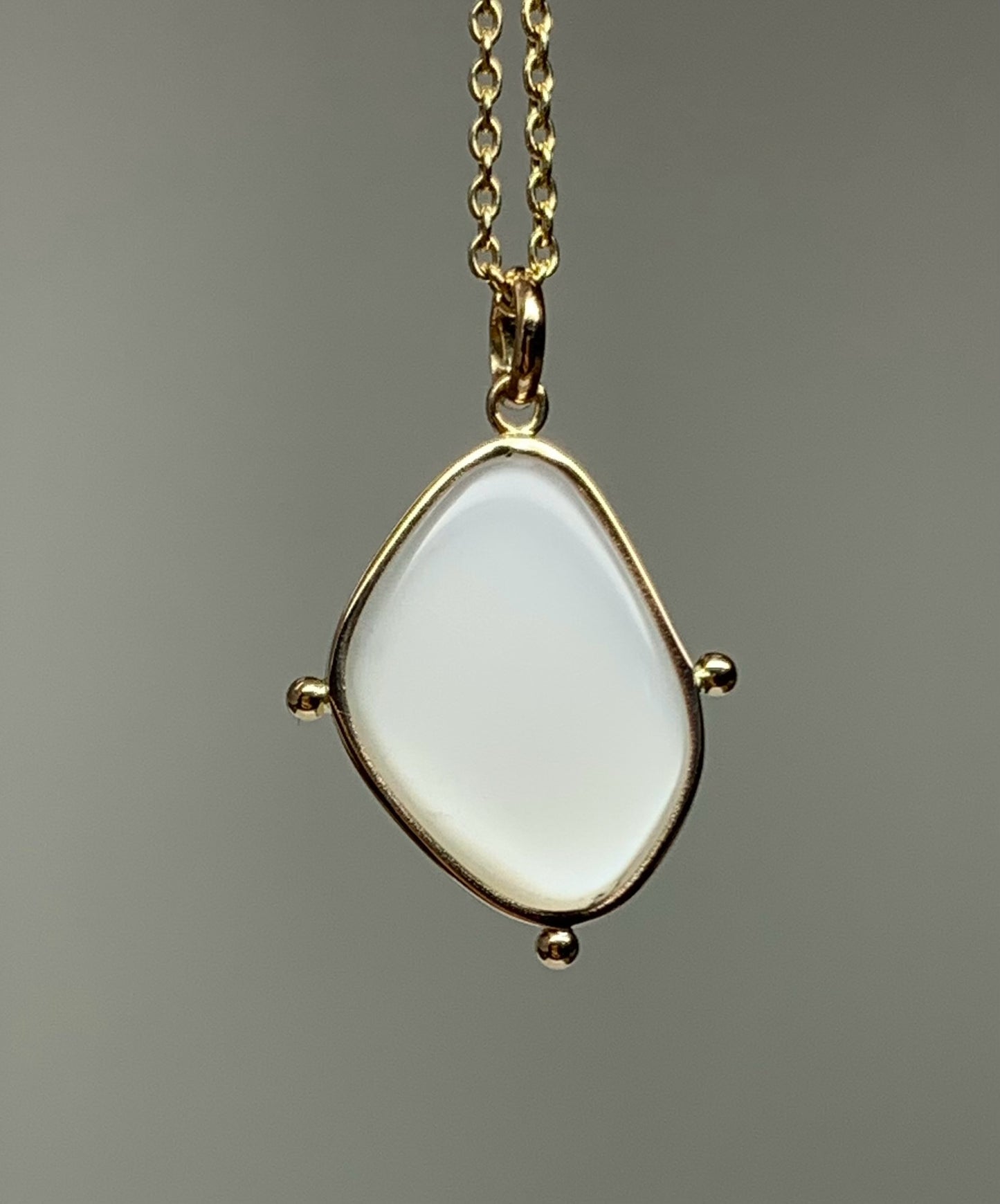 14k Solid Yellow Gold, White Moonstone Flat Cabochon Pendant, With Golden Dots